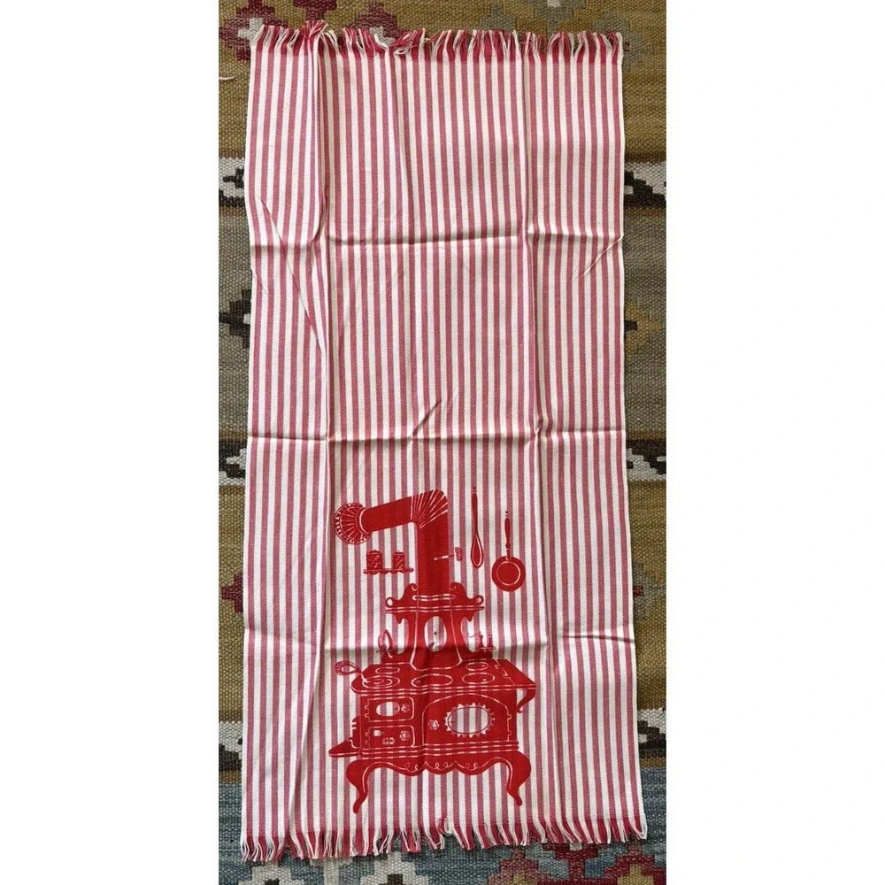 Vintage NOS kitchen tea towel red white stripes old fashioned stove design 1960s